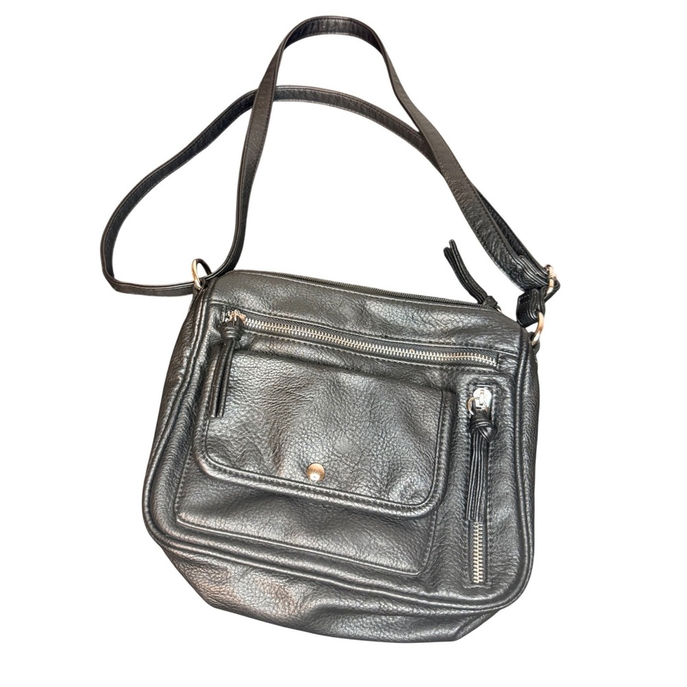 Bueno Black‎ Pebbled Leather Multi Pocket Crossbody Bag Adjustable Strap